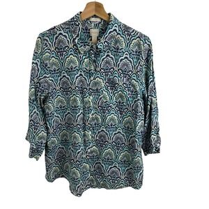 Chico's Shirt Blouse Women Sz 2 medium Linen Plaid Blue Print‎ cotton 3/4 sleeve